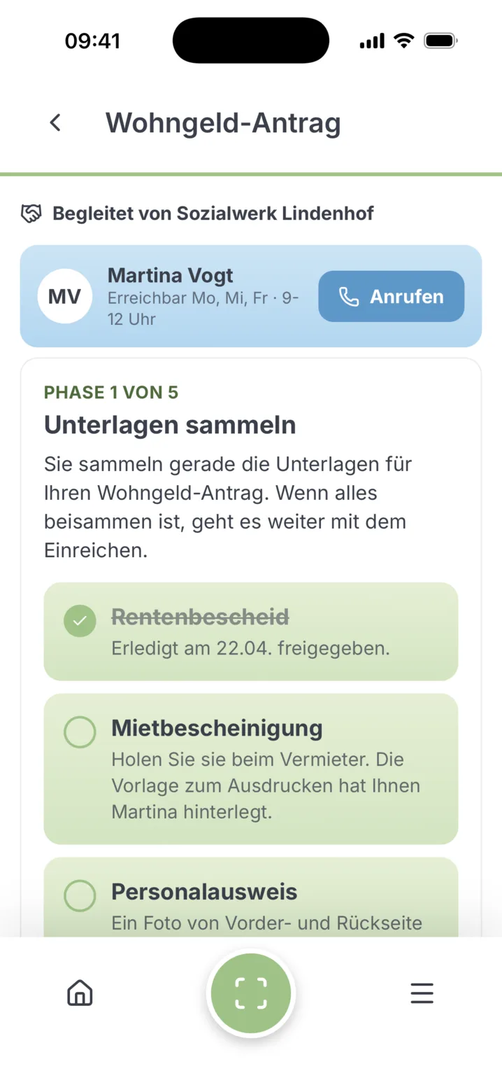 Senior-App: aktuelle Phase und Aufgaben mit Anruf zur Beraterin