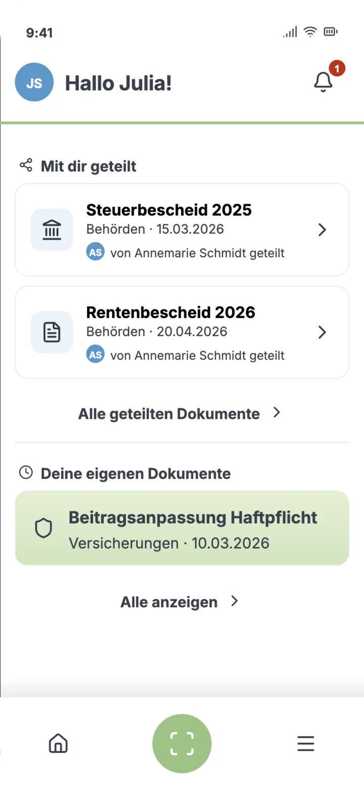Ein Familienmitglied sieht die geteilten Dokumente