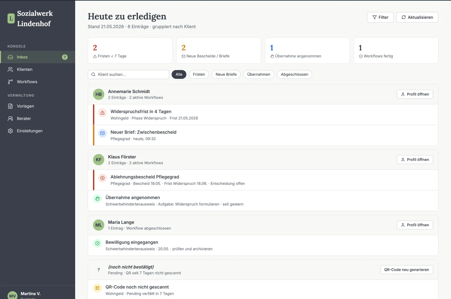 Tageseinstieg mit Fristen und Inaktivität